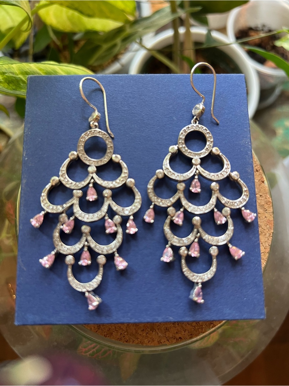 Silver Chandelier Earrings with Pink Crystal Drops